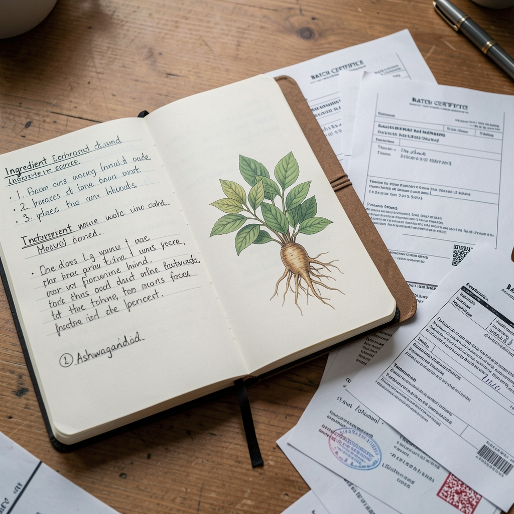 Close-up of an open research notebook with handwritten ingredient cross-reference notes, a botanical illustration of ashwagandha root, and batch certificate photocopies spread across a wooden desk