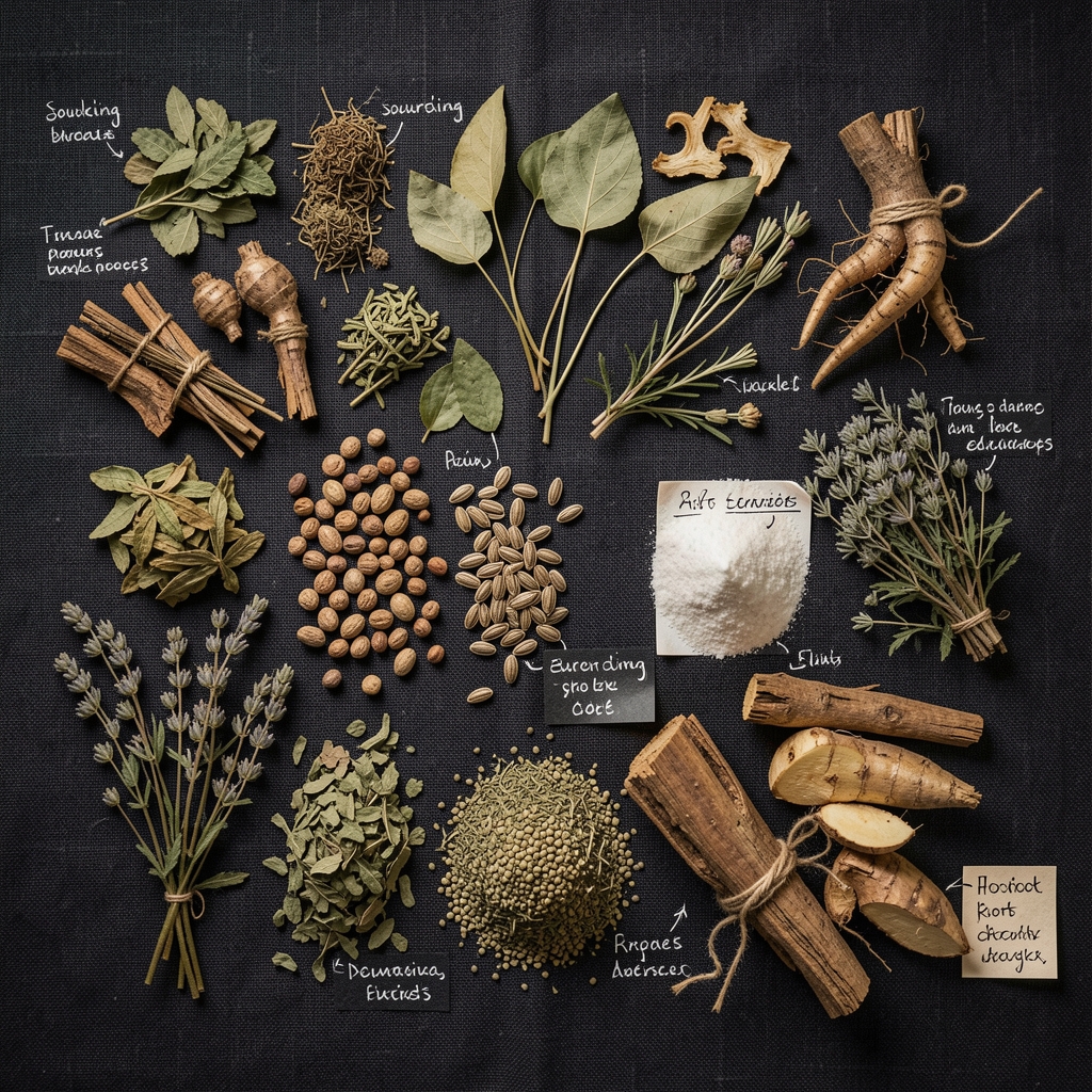 Flat-lay of whole botanical ingredients — dried herbs, seeds, and root extracts arranged on dark linen with handwritten sourcing notes