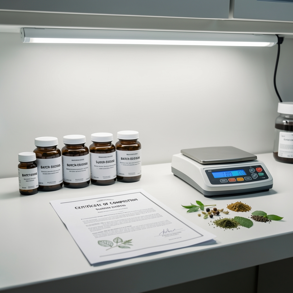 Quality-control bench with batch-coded supplement containers, a precision digital scale, certificate of composition sheets, and botanical ingredient samples arranged in a clean workspace with controlled overhead lighting