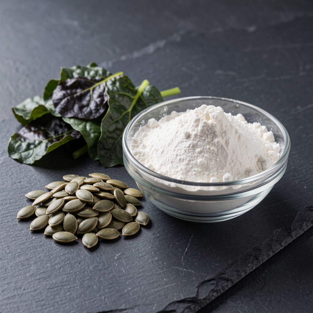 Magnesium glycinate powder in a clear glass bowl alongside magnesium-rich whole foods including pumpkin seeds and dark leafy greens on a slate surface