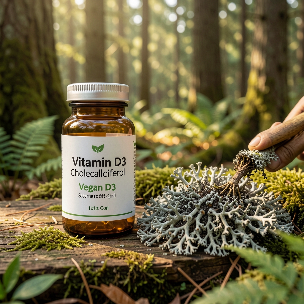 Vitamin D3 cholecalciferol soft-gel serving beside lichen harvesting imagery showing sustainable sourcing of vegan D3 in a forest environment