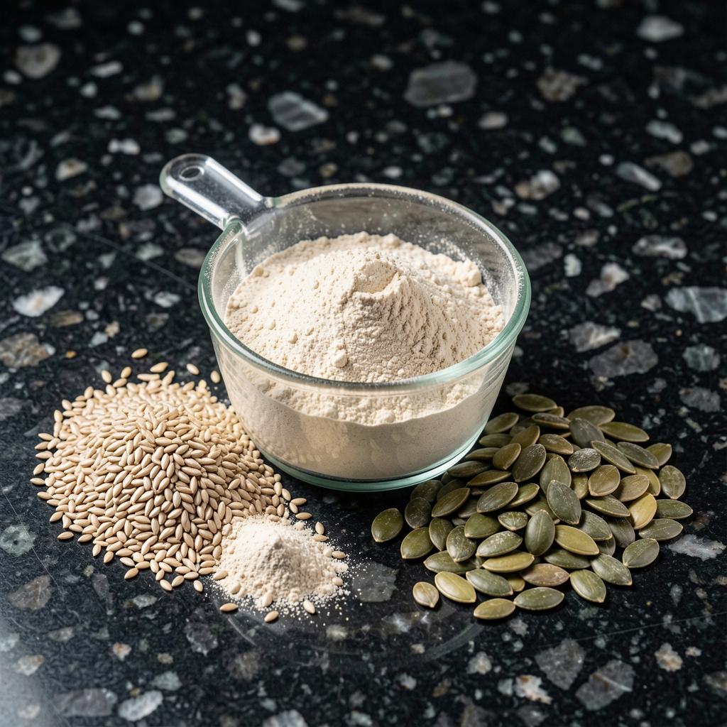 Zinc bisglycinate mineral powder in a laboratory weigh boat with hemp seed and pumpkin seed source materials arranged on a dark granite worktop under bright studio lighting