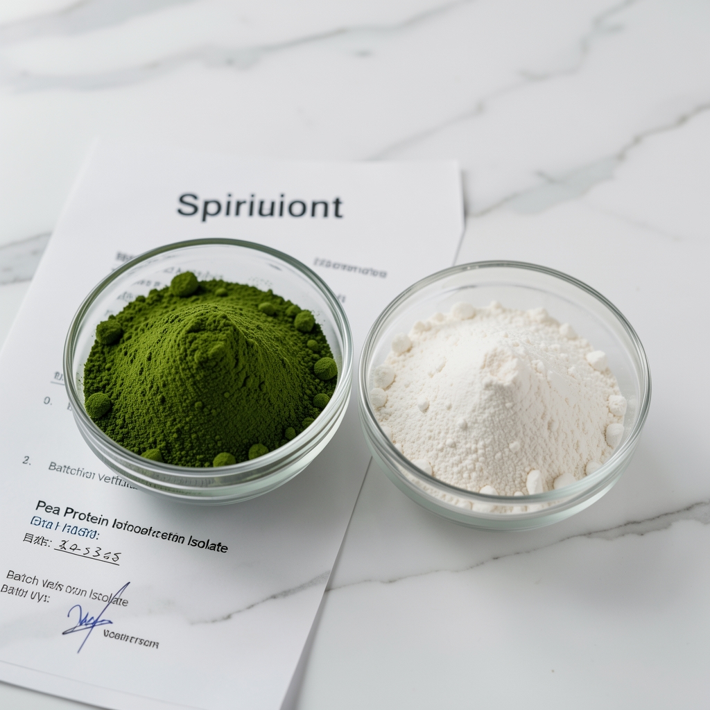 Spirulina powder and pea protein isolate in adjacent glass dishes on a clean white marble surface with printed batch verification certificate document visible alongside