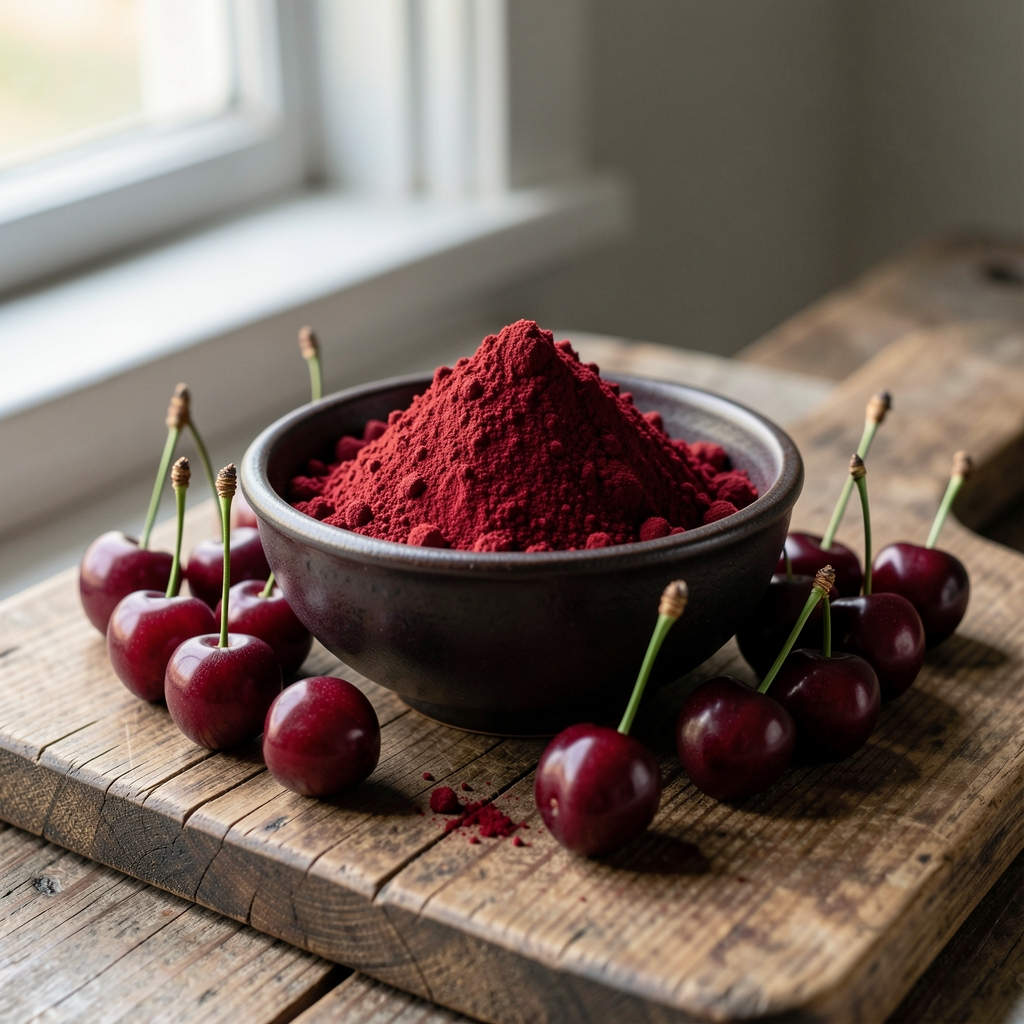 Tart cherry extract powder in a dark ceramic bowl surrounded by whole montmorency cherries on a rustic wooden board, natural daylight from a side window