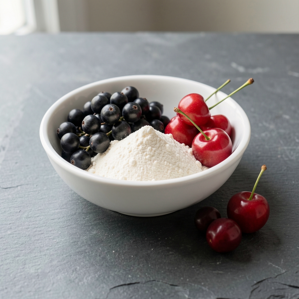 Black elderberries and acerola cherries alongside ascorbic acid Vitamin C powder in a white ceramic bowl on a slate grey countertop with natural side lighting