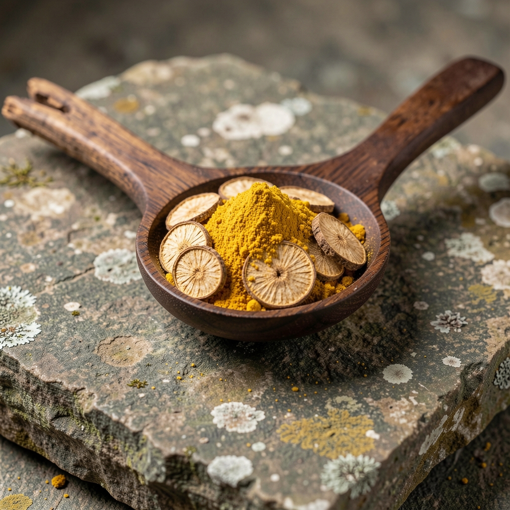 Rhodiola rosea root dried cross-sections and golden extract powder displayed in a dark wooden serving spoon on weathered stone, with natural Nordic light